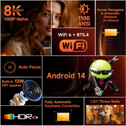 Magcubic HY450MAX Portable Projector 1080P Wifi6 8K Native Android 14 1100 ANSI  Movie Auto Focus Projector Home Projector Outdoor