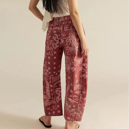 New Spring and Autumn Women's Loose Denim Flower Print Denim Pants Wide-leg Pants