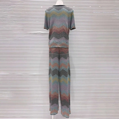 CHUJIE 2026 Summer New, Stylish And Versatile, Round Neck Colorful Contrast Striped, Short-sleeve Knitted Top + Trousers Set