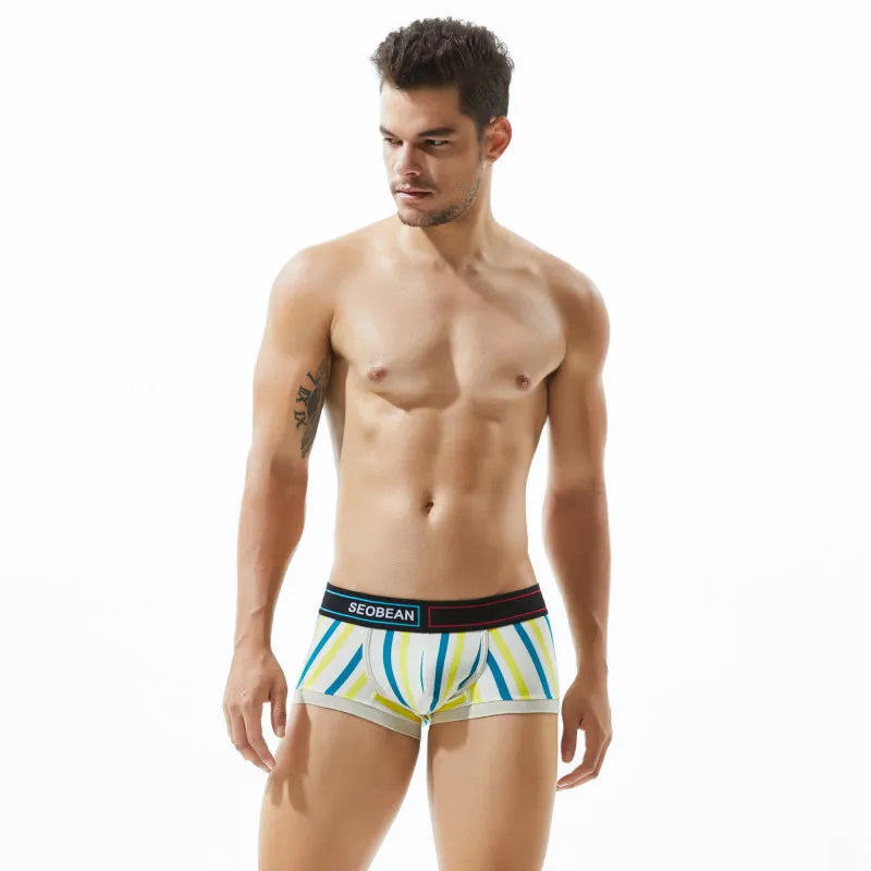Men's underwear with low waist, slim fit, striped, sexy, fashionable, high elasticity, breathable four corner flat bottom pants