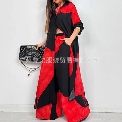 Fashion Loose Printed Long Sleeve 2-piece Set Women's Single-breasted Cardigan Robe Wide-leg Pants Casual Two-piece Outfit Woman