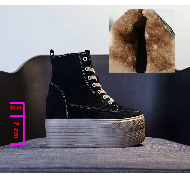Fujin 12cm Suede Genuine Leather Women Shoes Wedge High Heel Platform Casual Breathable Casual Winterr Shoes Women Ankle Boots