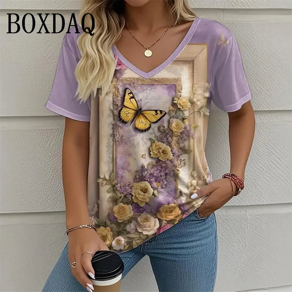 Plant Flowers 3D Print T Shirt For Women 2025 Summer Retro Short Sleeve Shirts Casual Tie Dye Butterfly Loose Plus Size Tops 8XL