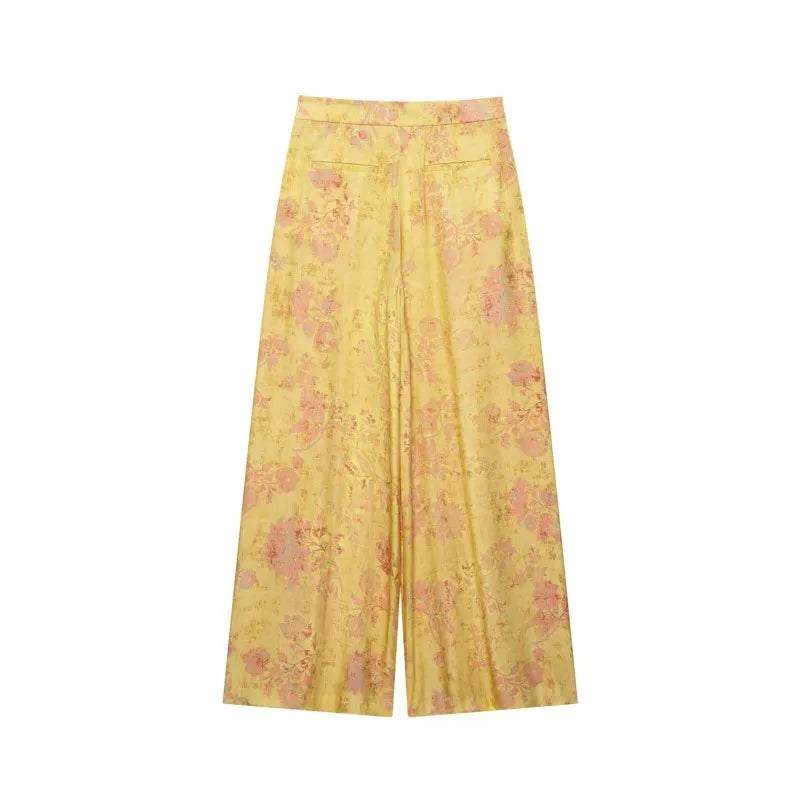 Women's Printed Pants Set Summer O-neck Long Sleeve Rope Knot Top High-waist Wide leg Pants Casual Fashion Female 2 Piece Sets