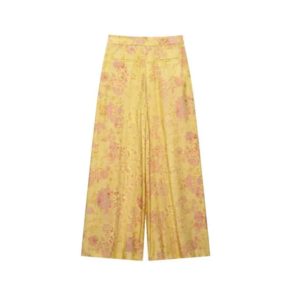 Women's Printed Pants Set Summer O-neck Long Sleeve Rope Knot Top High-waist Wide leg Pants Casual Fashion Female 2 Piece Sets