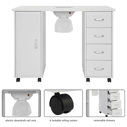 Manicure Nail Table, White Salon Desk with Dust Collector, 4 Drawers | Side Cabinet, Removable Drawers, Rolling, Customized