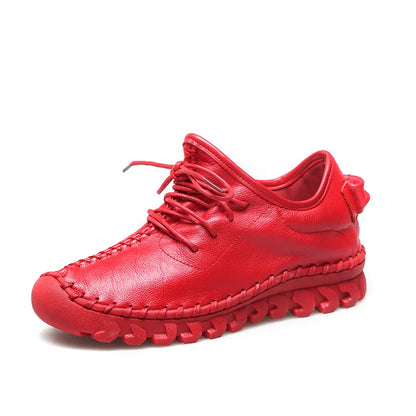 Handmade Genuine Leather Women Shoes Fashion Casual Sneakers Retro Flats Ladies Lacing Loafers Breathable Vulcanized Shoes