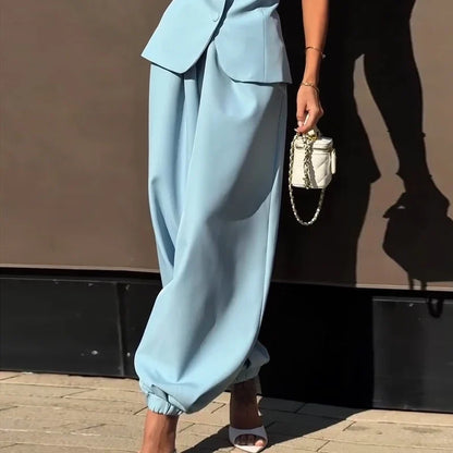 Casual Women's Waist Cinched Blazer Pants Set O-neck Puff Sleeve Shirts Loose Lantern Pant 2026 Summer Lady Chic Commute Suit