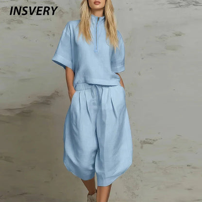 Summer Zipper Half Sleeve Shirt High Waist 3/4 Length Pants Suit Women Comfortable Two Piece Set Female Tracksuits