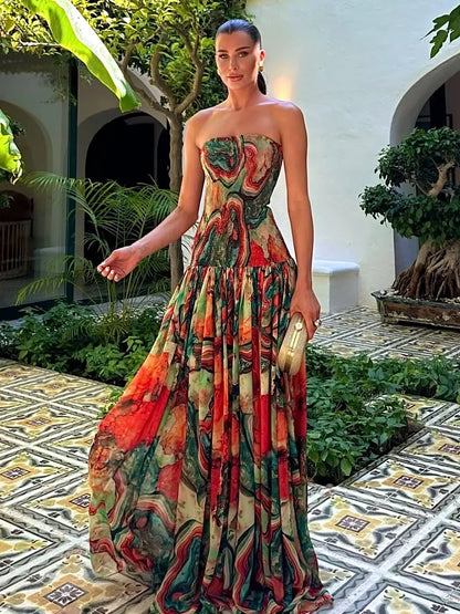 New Pleated Waist Strapless Dress Women's Printed Colorful Long Gown Elegant Fashionable Summer Dress