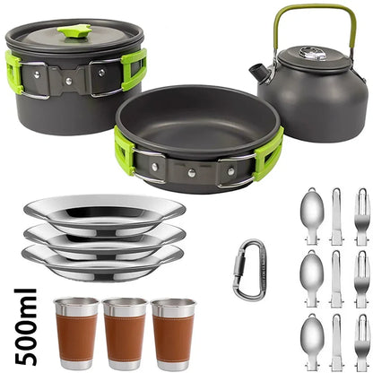 2-3 Person Non-Stick Camping Cookware Set, Portable Outdoor Picnic Travel Tableware with Teapot