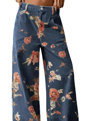 New Spring and Autumn Women's Loose Denim Flower Print Denim Pants Wide-leg Pants