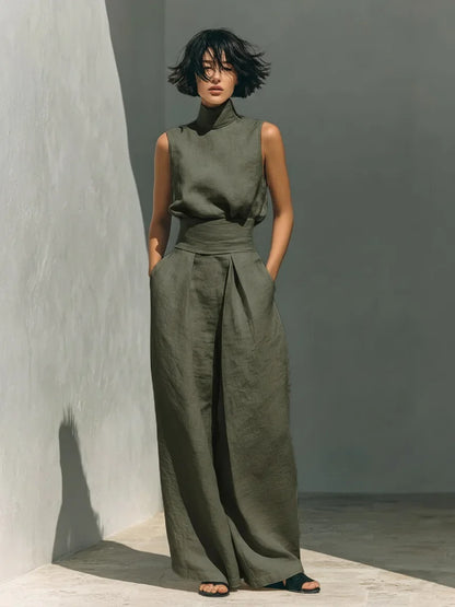 Women's Elegant Commuting Two-piece 2026 Fashionable High Neck Sleeveless Top Paired With Casual High Waisted Wide Leg Pants Set