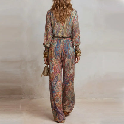 Retro Boho Printed 2 Piece Set for Women 2026 V Neck Top + Wide Leg Trousers Elegant Outfit Suit Casual Loose Suit Outfit