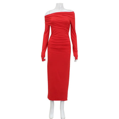 2025 New European and American Dresses for Women, One-shoulder Long-sleeved Temperament, Waist-packing Hip Skirt