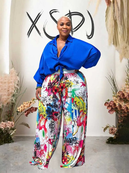 2piece Woman Outfit Streetwear Blue Silk Blouses Women Plus Size Autumn Top and Pants Suits 4xl Casual Female Pants Sets