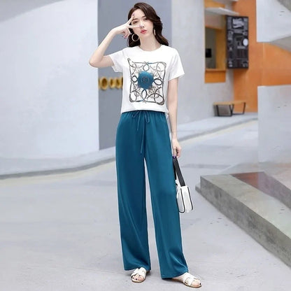 Women Suit 2025 Summer New Korean Style Short Sleeve Tops Fashion Wide Leg Pants 2 Two Piece Set Casual Plus Size Female Outfits