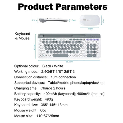 Dual-mode Wireless Keyboard & Mice Combo 2.4G Bluetooth 5.0 Membrane Keyboards BT 3-Channels Rechargeable Key Board Mouse for PC