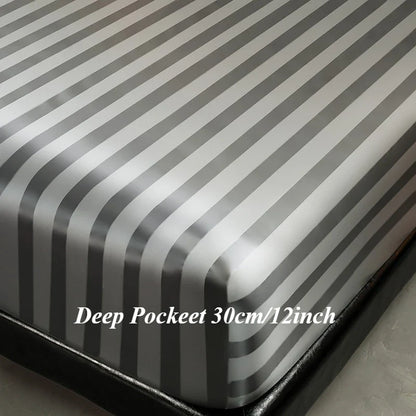 Luxury Satin Striped with Elastic Band Fitted Sheet Silky Soft Deep Pocket Bed Cover Standard Size Twin Full Queen King Bedding