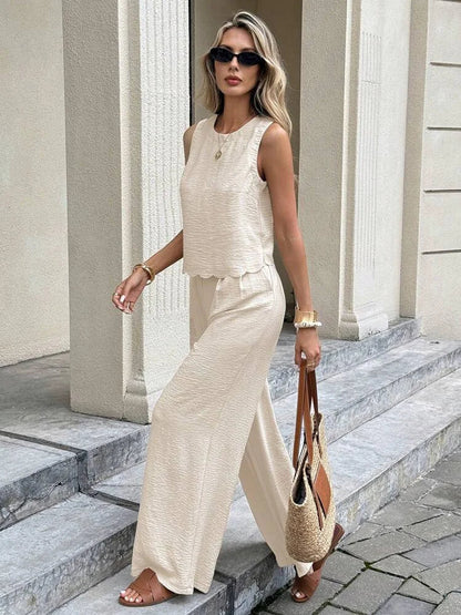Ladies Spring Summer Elegant Casual Holiday Wear Solid Color Sleeveless Back Tied Top Straight Leg Pants Outfit