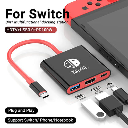 3 in 1 USB C Docking Station 4K HDMI GAME HUB Adapter 100W PD USB 3.0 Hub for Switch, MacBook & Phones