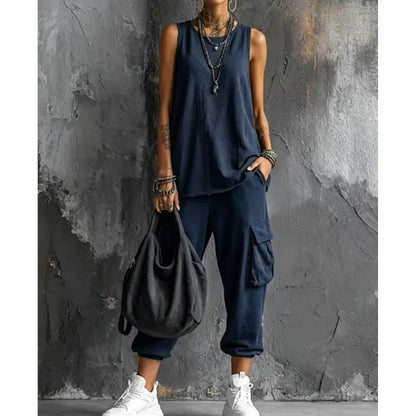 Solid Color Sports Two-piece Set Summer Fashion Sleeveless Top+wide Leg Pants Suit With Pockets Ladies O-neck Streetwear Outfit