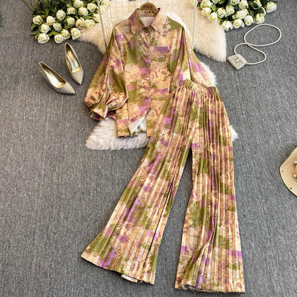 Elegant For Women's Fashion Sets Casual Long Sleeve Shirt Straight Pants Suit Female 2024 Loose Print Tops Two Pieces Outfits