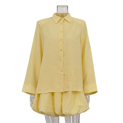 2026 Spring Summer New Casual Fashion For Women With Turn-Down Collar Long Sleeve Cardigan Top And High Waist Puff Skirt