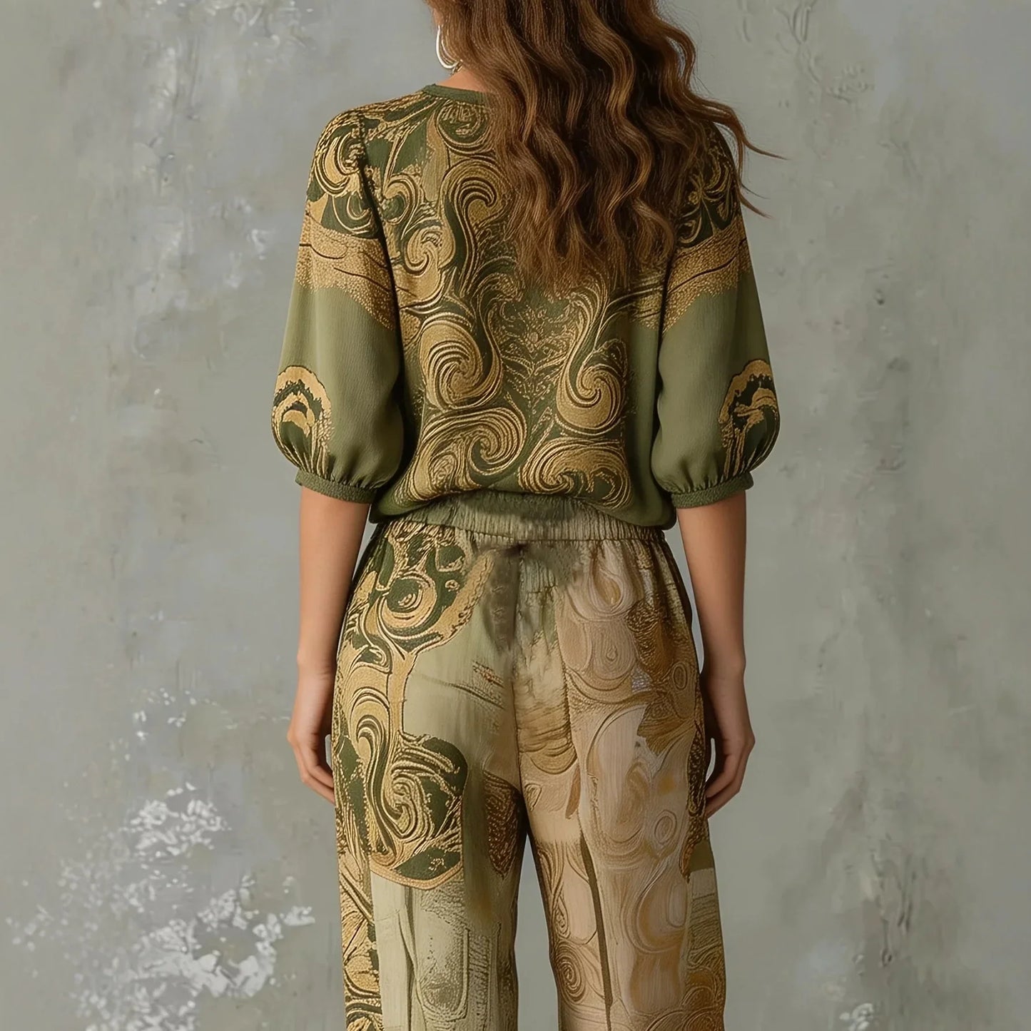 Elegant Ethnic Swirl Pattern Two Piece Suit Ladies Mid Sleeve Shirts Drawstring Waist Harem Pants Bohemian Holiday Casual Set