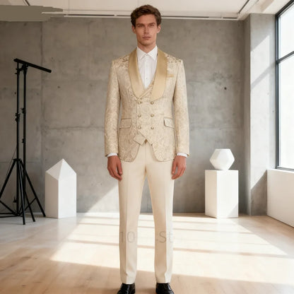 Champagne Jacquard 3-Piece Men's Formal Smoking Suit with Shaw Lapel Blazer Set for Groom Wedding Best Man Tuxedos for Party