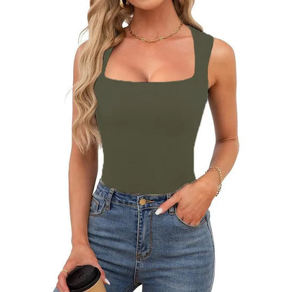 Sexy Slimming T-Shirts for Women Fashion Square Neck Sleeveless Tops Harajuku Tanks Woman Clothes Casual Top Tees Streetwear