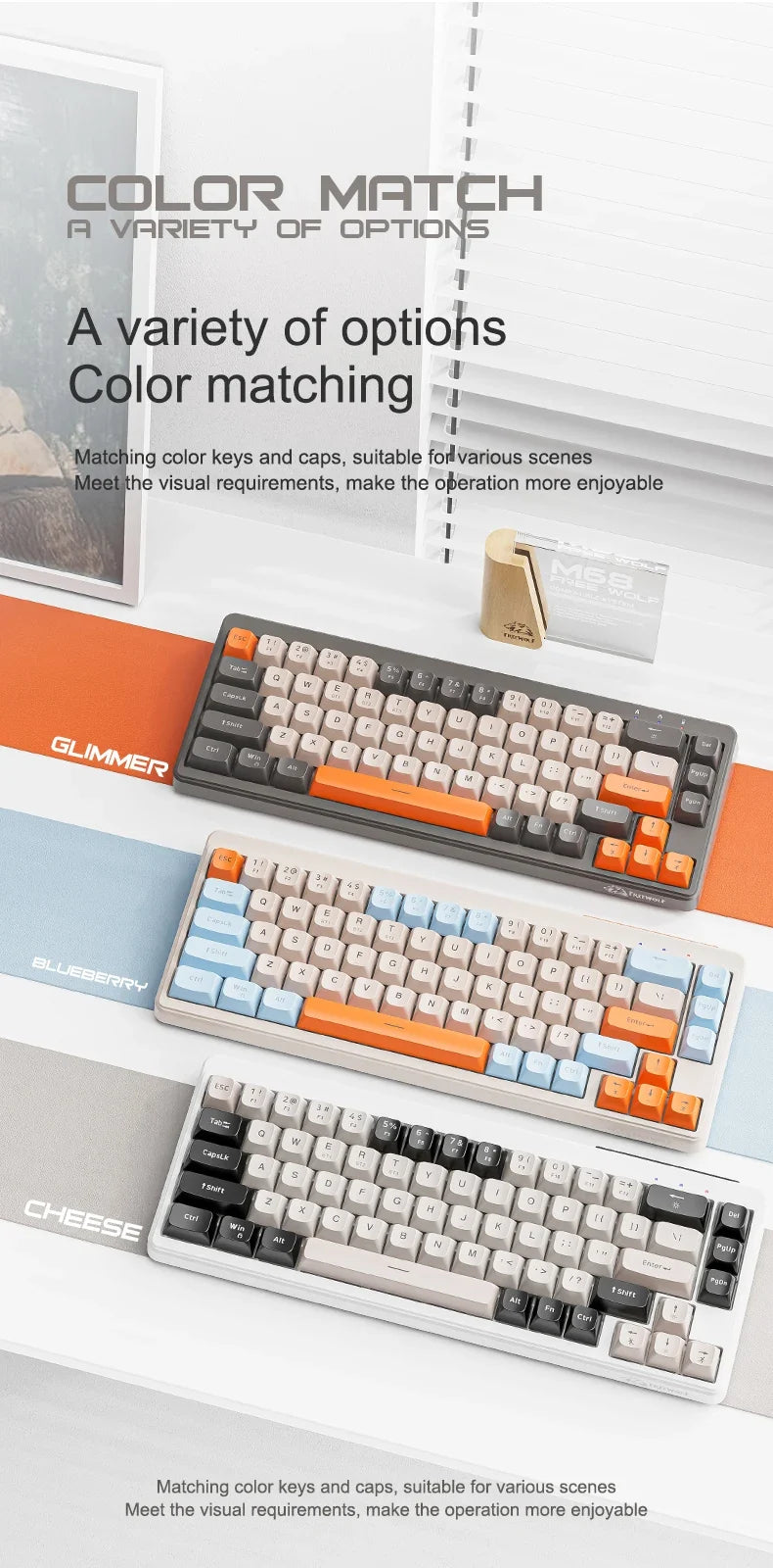 FREEWOLF M68 Wireless Keyboard and Mouse Set Multidevice Connection 68 Keys Mini Keyboard and A3 Mouse Kit PBT keycaps Backlight