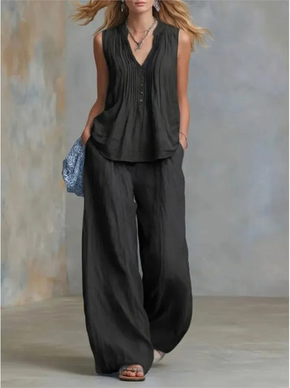 Fashion Pleated V-neck Sleeveless Women's Tops 2-piece Summer Casual Loose Wide-leg Trousers Female Elegant Office Trousers Set