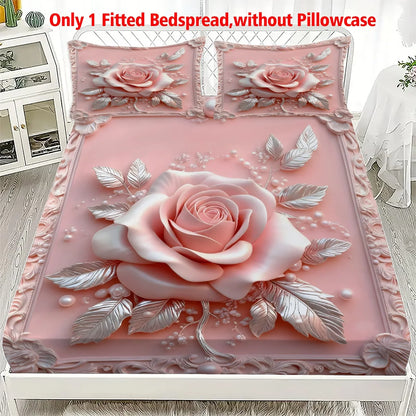 1pc 3D Embossed Pink Rose Print Fitted Sheet Deep Pocket Elastic