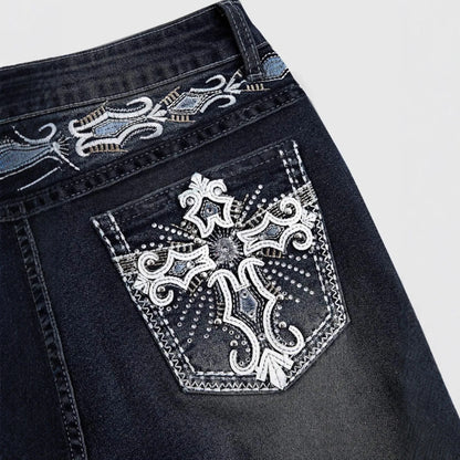 2026Trendy Y2K Style Flare Jeans for Women Dark Wash Skinny Fit with Rhinestone Embroidery Pocket Streetwear Casual Denim