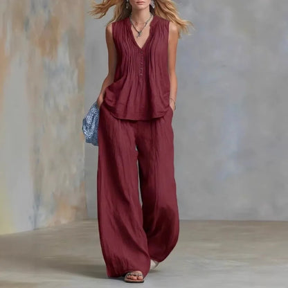 Women's Pullover Blouse And Pants Two-piece Set Women's V-Neck Vest Top Summer Suit Elastic Waist Trousers Lady Sets Outfit 2026