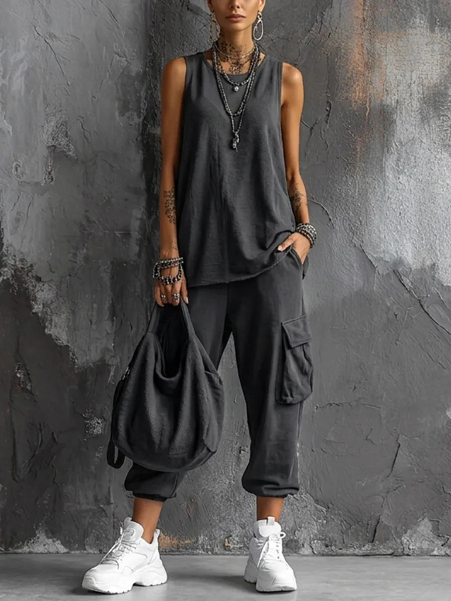 Boho Vacation Summer Sport Outfits Woman O Neck Sleeveless Top Big Pocket Capri Pants Sets Spring Casual Loose Suit Harajuku