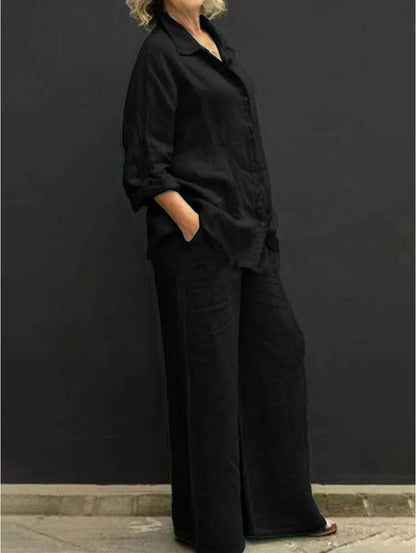 Solid Color Linen Two Piece Sets Women Outfits Spring Autumn Simple Long Sleeve Shirt Loose Trousets Set Office Casual Suit