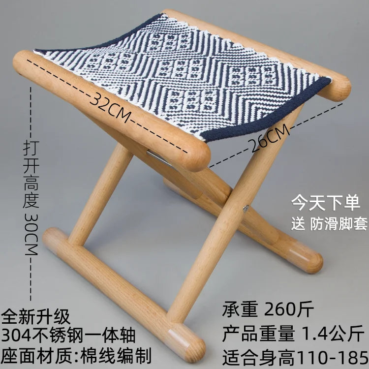 Portable Folding Stool for Outdoor Camping Lightweight Wooden Seat with Cotton Woven Top Home Travel Compact Folding Bench