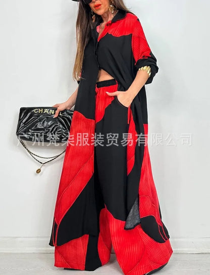 Fashion Loose Printed Long Sleeve 2-piece Set Women's Single-breasted Cardigan Robe Wide-leg Pants Casual Two-piece Outfit Woman