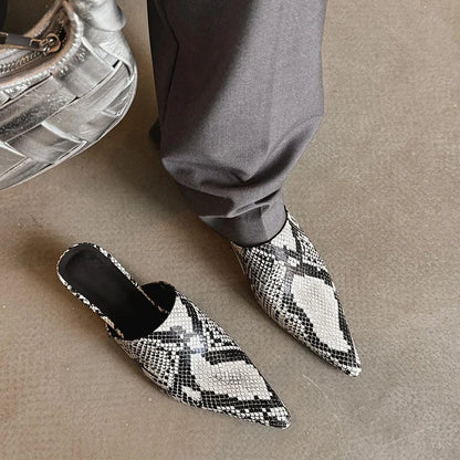 2025 New Mueller Slippers Genuine Leather Women Shoes Sexy Pointed Toe Summer Shoes Ladies Snake Pattern Black White Party Shoes