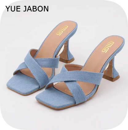 Blue Women's Shoes 2026 Fashion Summer Women's Slippers Square Toe Solid Color Denim Slip On Chunky Heels Casual Shoes Women