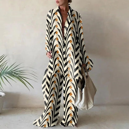 Spring Autumn Fashion Sets Women Long Sleeve Lapel Printed Casual Elegant Beach Loose Wide Legs Trousers Ladies Two Piece Suits
