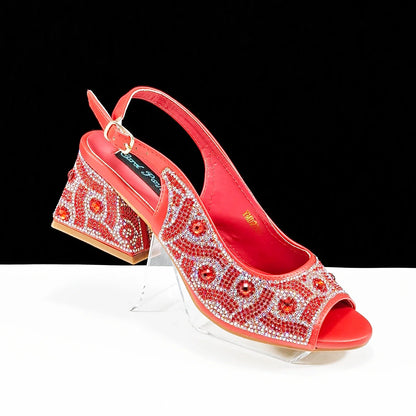 QSGFC 2024 Rhinestone Design INS Hot Sale New Arrivals African Shoes and Bag Set in Green Color Open Toe Comfortable Women Heels