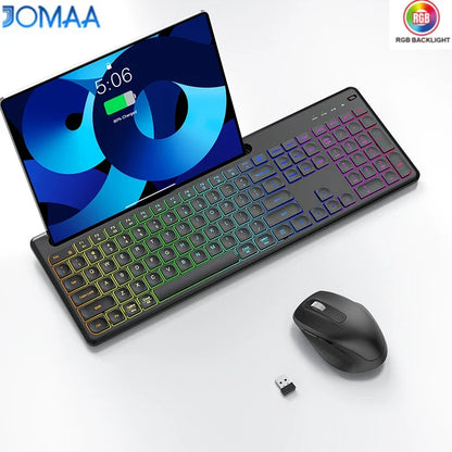 Ergonomic Backlit Keyboard Mouse Combo with Phone Holder 2.4G Wireless Rechargeable Keyboard Mouse Set for Win XP/7/8/10/11