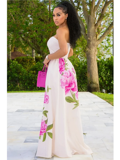 Women Tube Strapless Waist Flowy Maxi Dress With Floral Print For Wedding Guest Resort And Vacation Occasion