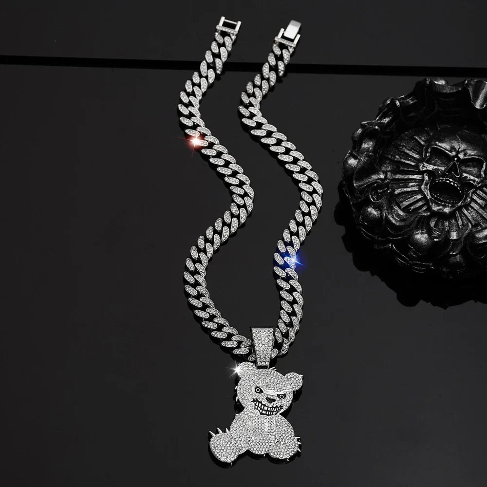 Hip Hop Aggressive Bear Pendants Necklaces with Miami Cuban Link Chain Brown Bear Men's Women Choker Collar Jewelry Accessories