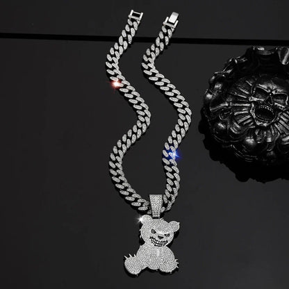 Hip Hop Aggressive Bear Pendants Necklaces with Miami Cuban Link Chain Brown Bear Men's Women Choker Collar Jewelry Accessories