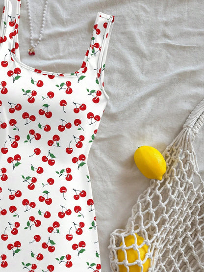 Women's Sexy Vacation Style U-Neck Cherry Print Open Back Side Slit Mini Dress for Spring/Summer