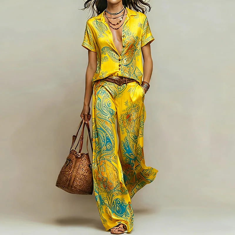 Vintage Printed Two Piece Suits Women Glossy V Neck Pocket Short Sleeve Tops & Wide Leg Trousers Sets Chic Holiday Travel Outfit